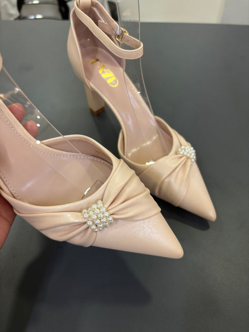 Ladies Elegant Pearl Decor Bow Pointy Toe Heel